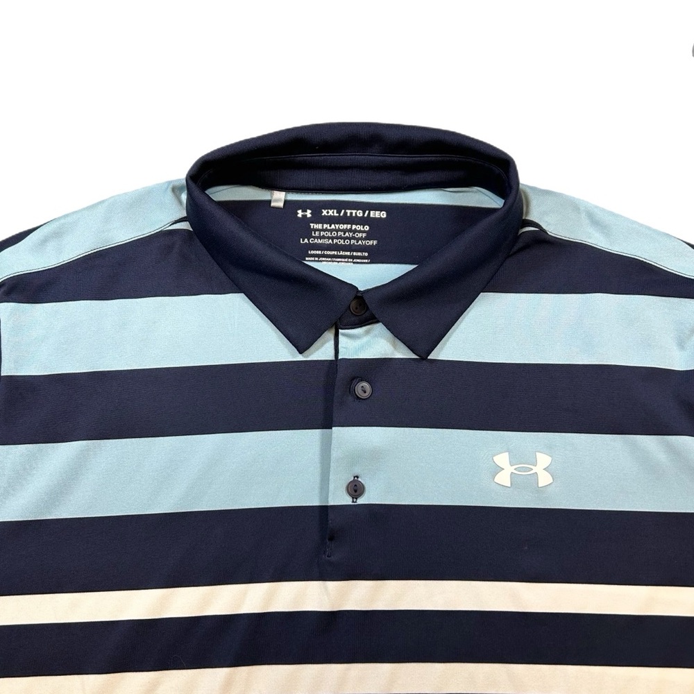 Under Armour Men's The Playoff Polo - Light Blue, White and Navy Stripes-XXL